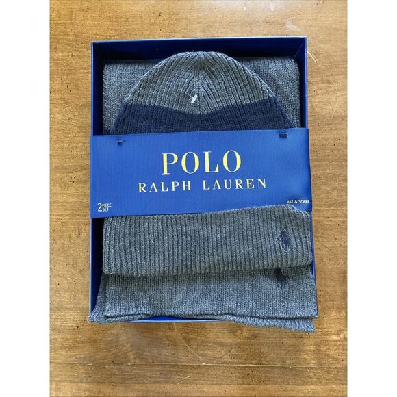 Polo Ralph Lauren Men's 2 Piece Set Hat & Scarf New Navy/Grey Gift Set - Picture 1 of 5